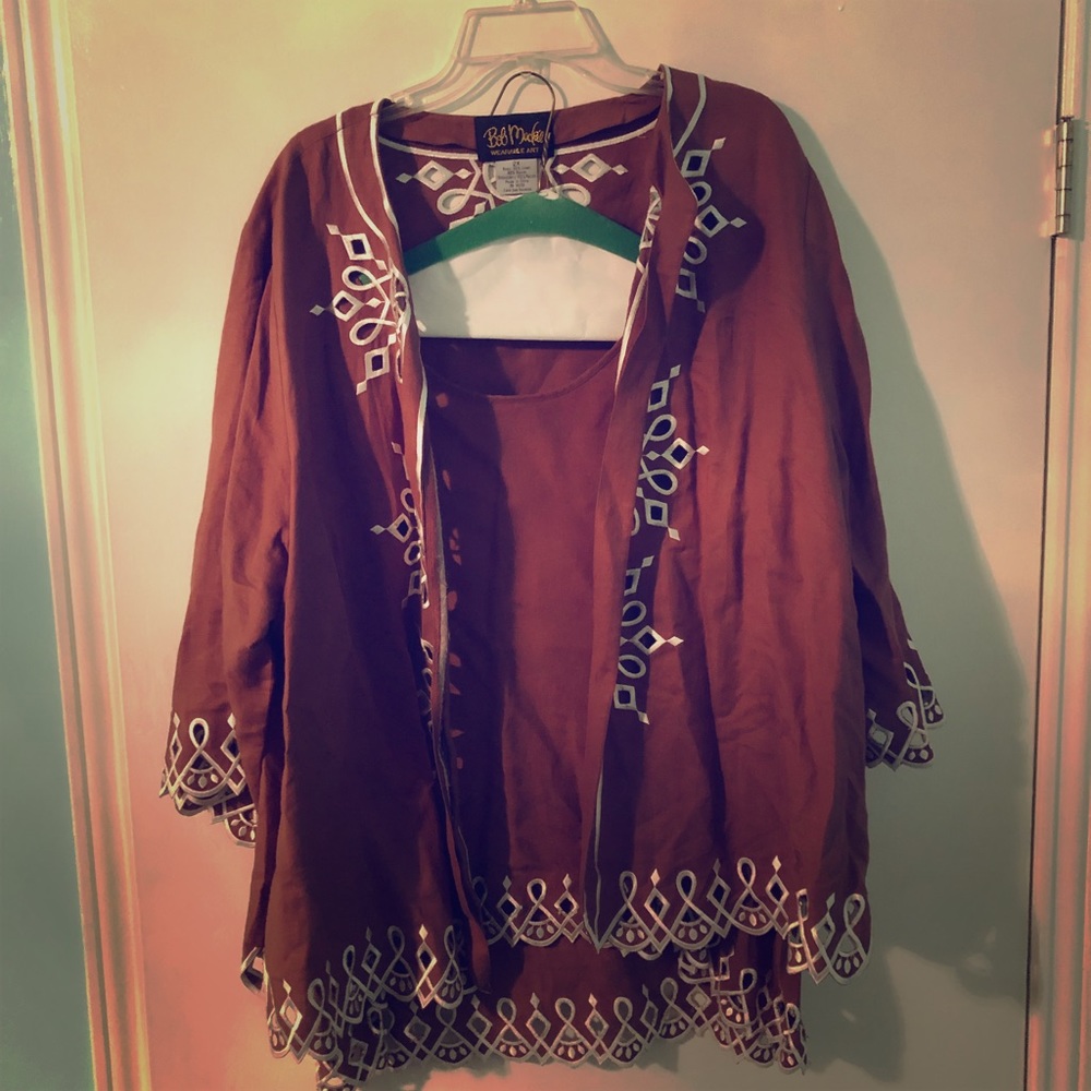 EUC Linen Rayon Brown Embroidery Jacket Shirt Set